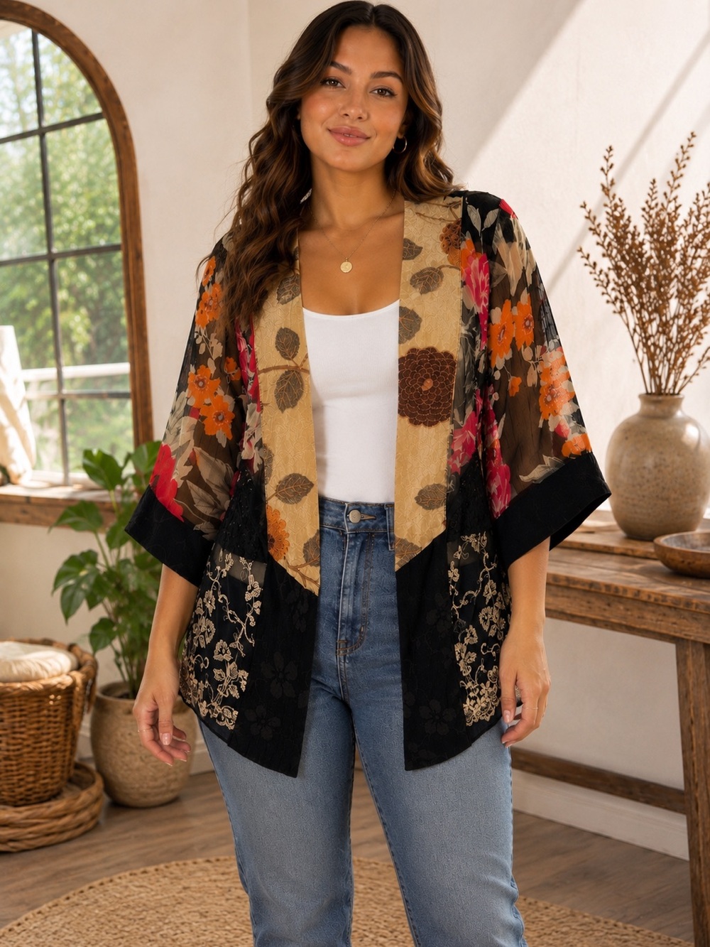 Vintage Spencer Alexis Sheer Floral Kimono Cardigan 1X Black Lace Boho Duster